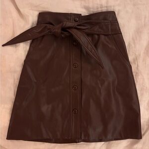 Avec Les Filles Brown Faux Leather A-Line Skirt with Tie Belt 0057
